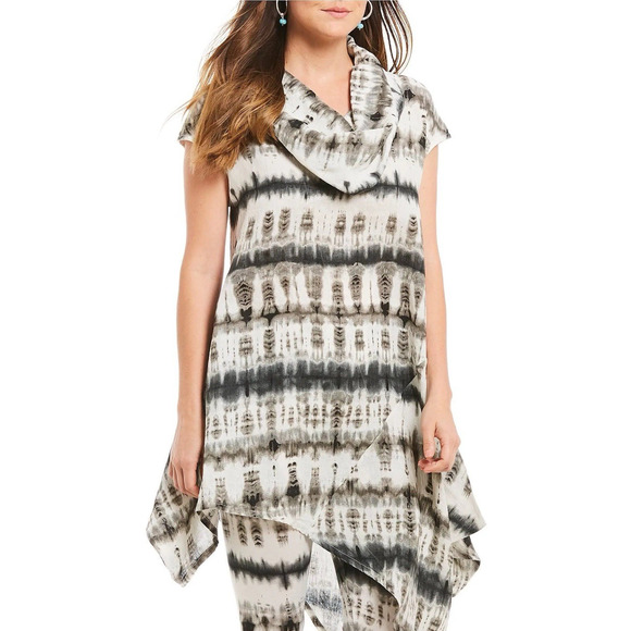 BRYN WALKER NOA Tunic Top Medium Cream Black Linen Cowl Neck Angle Hem - Picture 1 of 8